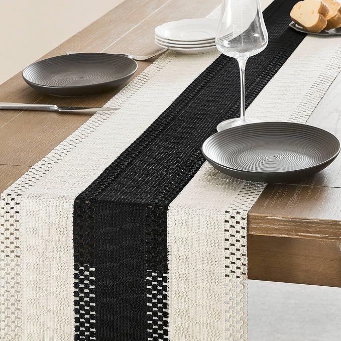 Macrame Style Bicolor Stitching Table Runner 14x108in Black | Woven Boho Table - Image 4