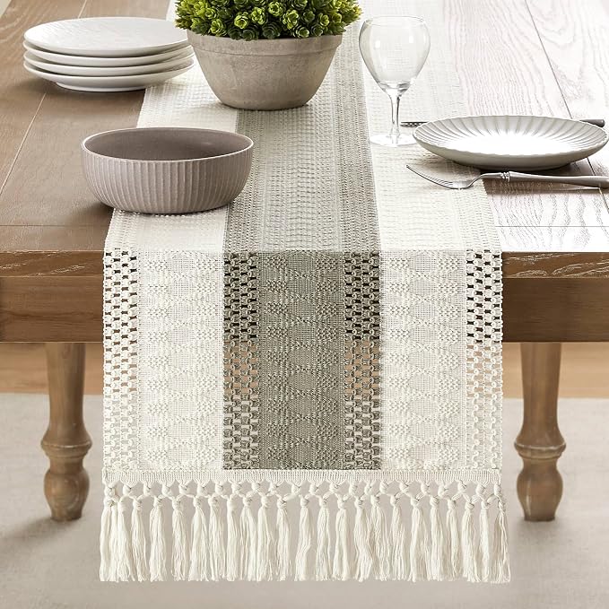 Macrame Style Bicolor Stitching Table Runner 14x36in Dark Sage | Woven Boho - Image 2