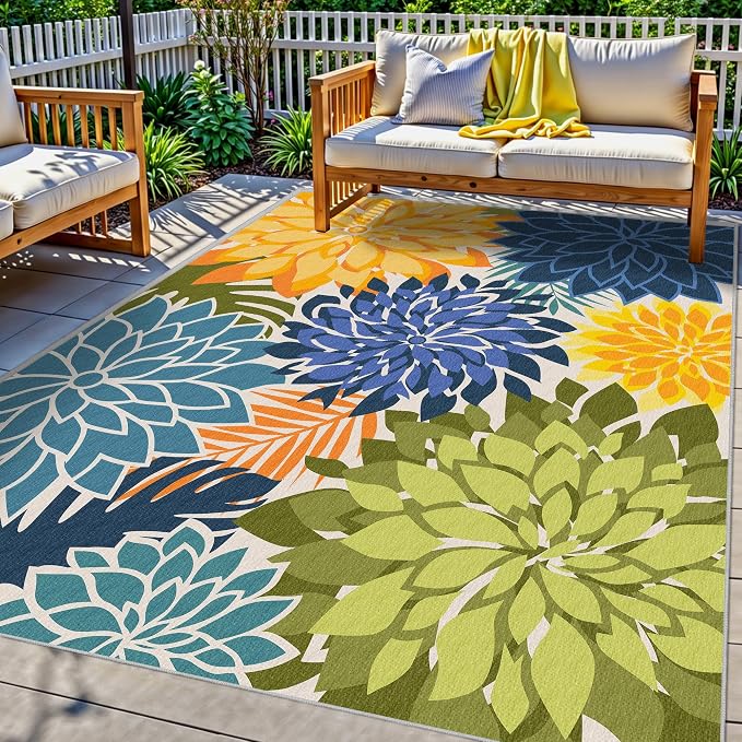 Colorful 5x8 Outdoor Area Rug Washable Multicolored Patio Rug Tropical by ArenaRug