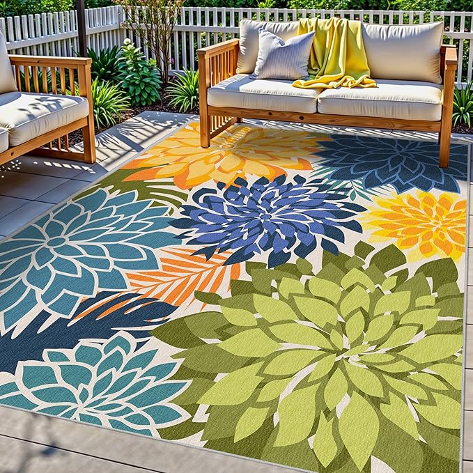 Colorful 6x9 Outdoor Area Rug Washable Multicolored Patio Rug Tropical by ArenaRug