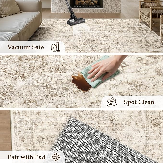 8x10 Washable Neutral Area Rug Beige Vintage Living Room Bedroom Carpet - Image 6