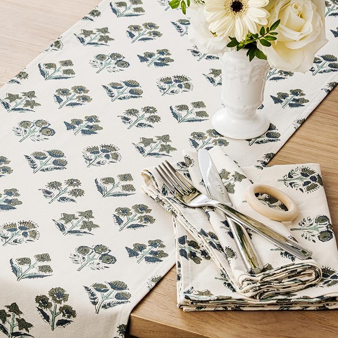 Block Print Floral Decorative Table Runners, 13x48 Inch Olive | 100% Organic - Image 2