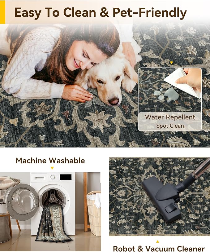 RELEANY Area Rugs 4'x6' Washable Non-Slip, Floral Vintage Distress Medallion - Image 4