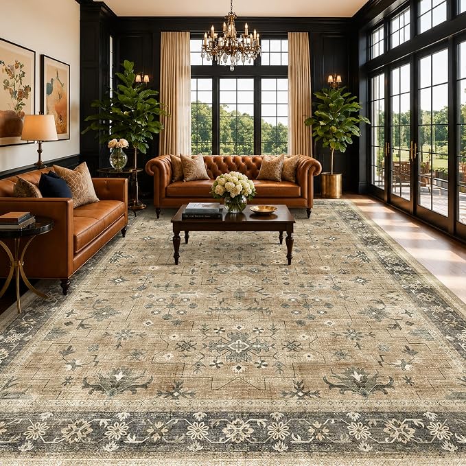 Vintage Taupe Sage 10x12 Rug for Living Room by HazoHaus