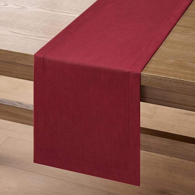 Linen Textured Border Table Runner, 14 x 48 Inch Red | Mitered Corner Design - Image 7