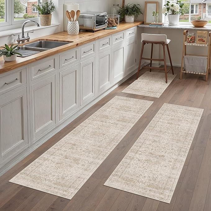 Vintage Kitchen Rug Set of 3 Washable Beige Kitchen Mats by WondRg