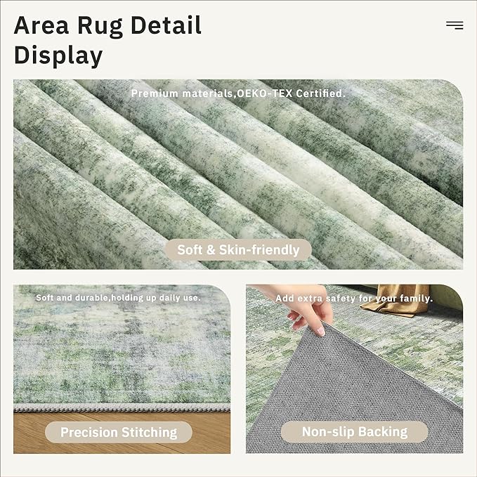 Soalmost 5x8 Area Rugs Green/Ivory Low Pile Indoor Washable Trendy Faded Style - Image 6