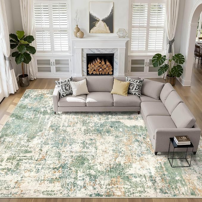 12x15 Area Rug Living Room: Washable Large Abstract Soft Green Rug Stain by LOONGRUG