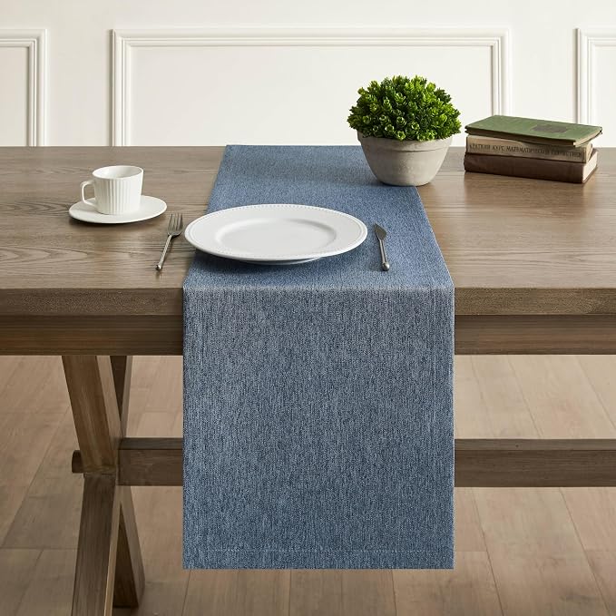 Basic Linen Style Table Runner, 14x48 Inch Navy Blue | Mitered Corner Design - Image 2