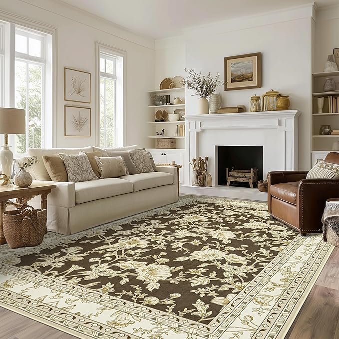 Brown Floral Print Area Rugs for Bedroom Living Room Boho Farmhouse Country by BILEEHOME