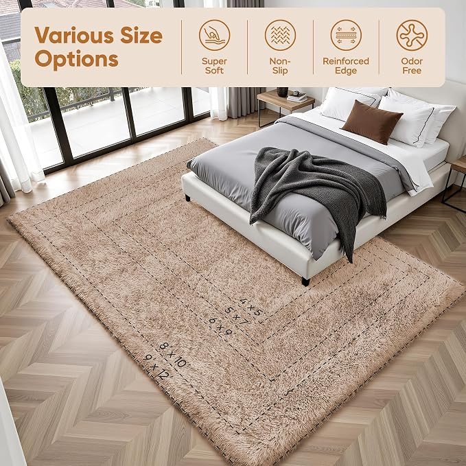 Area Rug for Living Room Bedroom: 6x9 Camel Soft Fluffy Shag Upgrade Non-Slip - Image 9