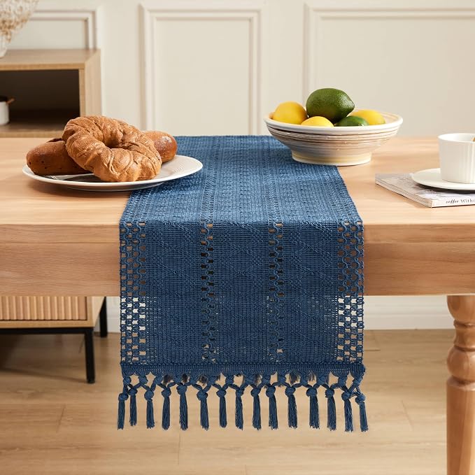 Macrame Style Boho Table Runner, 12x72 Inch Dusty Blue | Woven Boho Table Runner - Image 2
