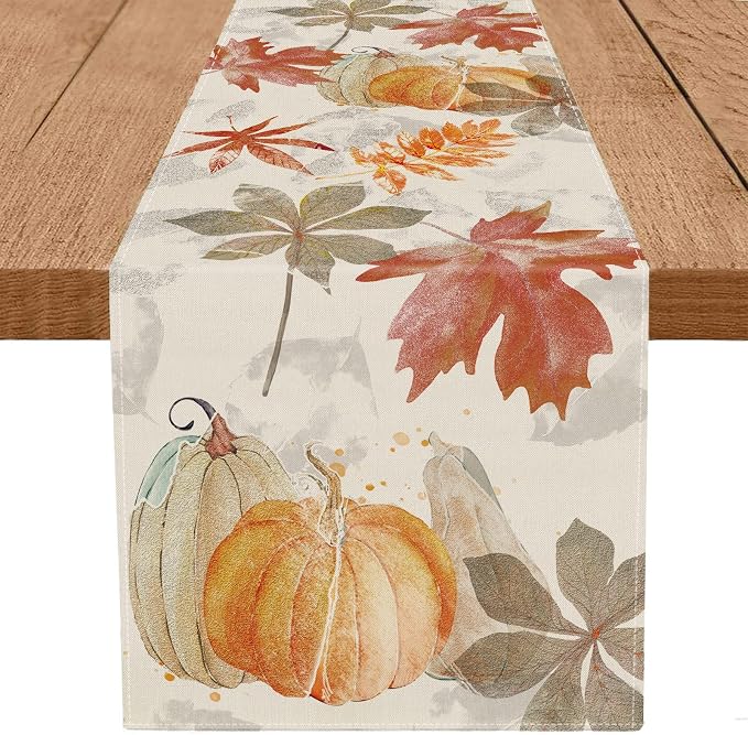 Fall Table Runner Pumpkin Maple Leaf Watercolor Vintage Table Runners Seasonal by GAGEC