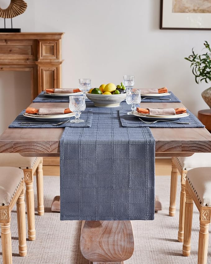 Linen Checked Farmhouse Table Runner, 13x60 Inches Blue | Raised Grid Design - Image 2