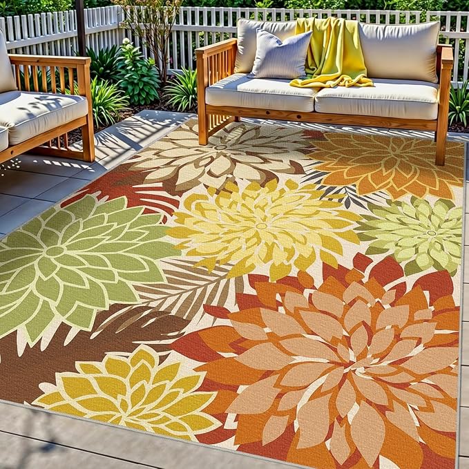 Colorful 5x8 Outdoor Area Rug Washable Multicolored Patio Rug Tropical by ArenaRug