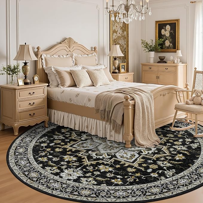 Round Area Rug for Living Room: 4 ft Washable Vintage Boho Soft Thin Circle Rug - Image 4
