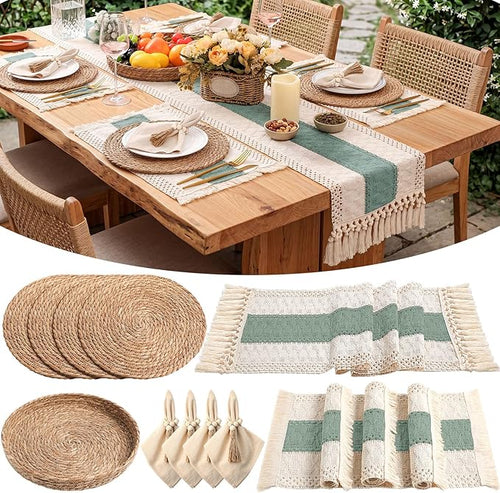 4 Sets Boho Decoration Placemats Round Woven Placemats, Cloth Napkins, Wood by Gandeer
