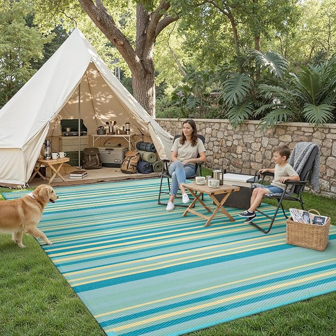 Outdoor Plastic Straw Rug Waterproof Patio 9x12 Teal Yellow Stripe Mat - Image 3