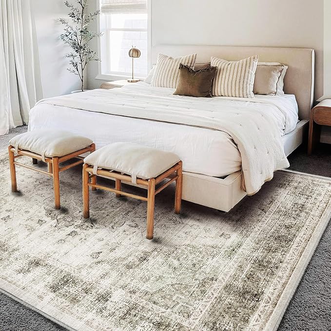CHAMPLANT Area Rug 6'x9' Washable Vintage Floral Khaki Traditional Floor Cover - Image 2