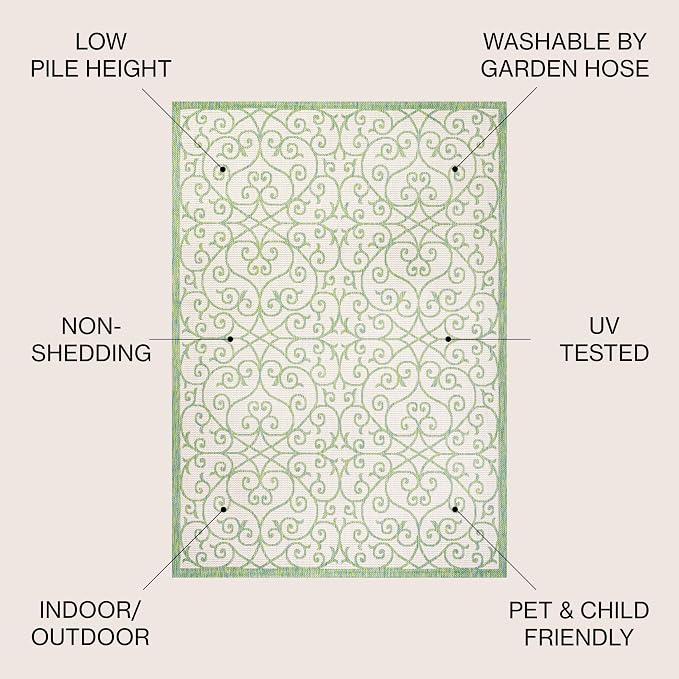 JONATHAN Y Vintage Filigree Indoor Outdoor Area Rug 3X5 Cream/Green, Madrid - Image 3
