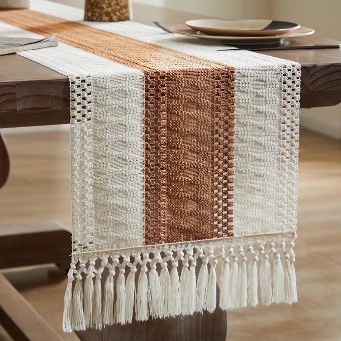 Macrame Style Bicolor Stitching Table Runner 14x108in Caramel | Woven Boho - Image 7