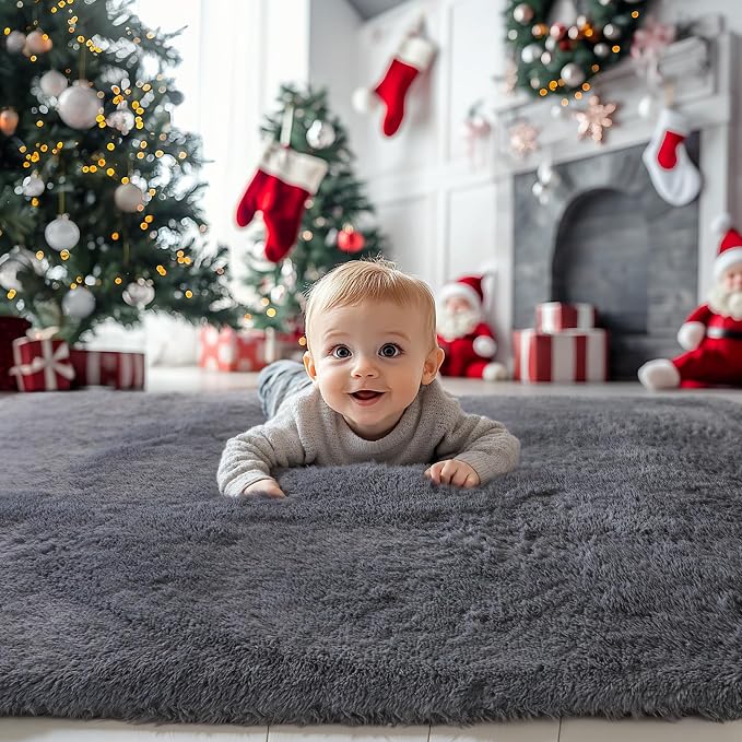 KICHOWUA 4x6 Grey Fluffy Shag Rug - Image 2