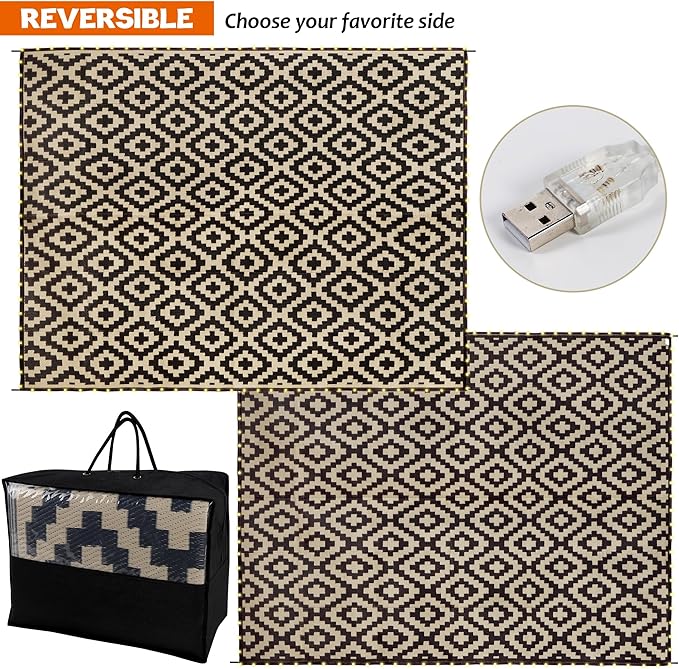 SAND MINE Reversible Mats with Led Strip Lights, Plastic Straw Rug, Modern Area - Image 3
