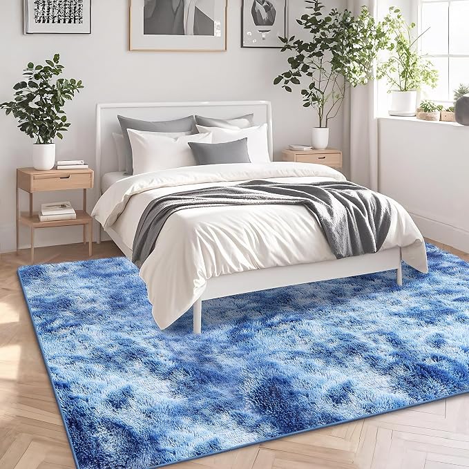 Shag Area Rug for Bedroom, 4x6 Tie-Dyed Blue Fluffy Shaggy Rugs for Living Room - Image 4