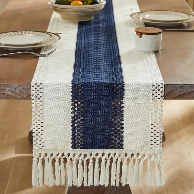 Macrame Style Bicolor Stitching Table Runner 14x90in Navy Blue | Woven Boho - Image 3