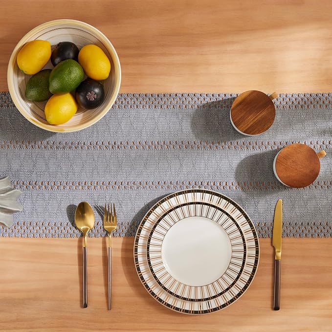 Macrame Style Boho Table Runner, 12x90 Inch Light Blue Grey | Woven Boho Table - Image 4
