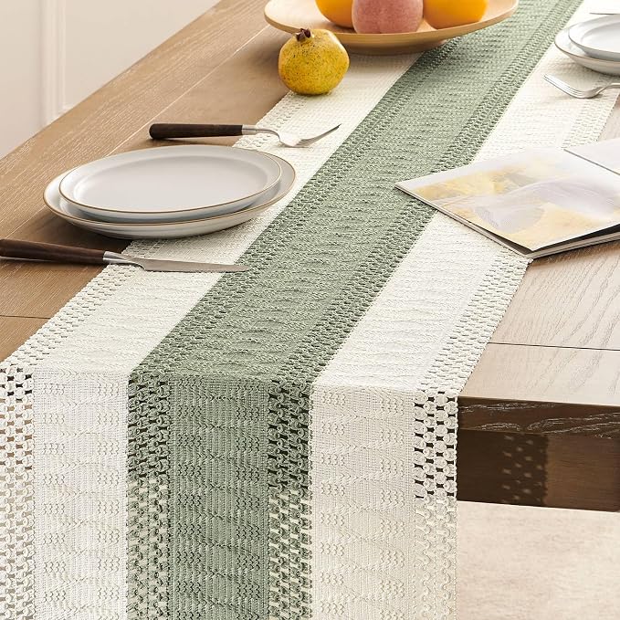 Macrame Style Bicolor Stitching Table Runner 14x48in Green | Woven Boho Table - Image 5