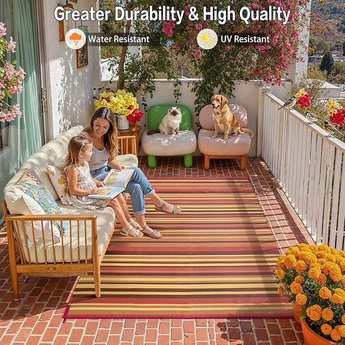 Outdoor Plastic Straw Rug Waterproof Patio 9x12 Red Orange Stripe Mat - Image 5