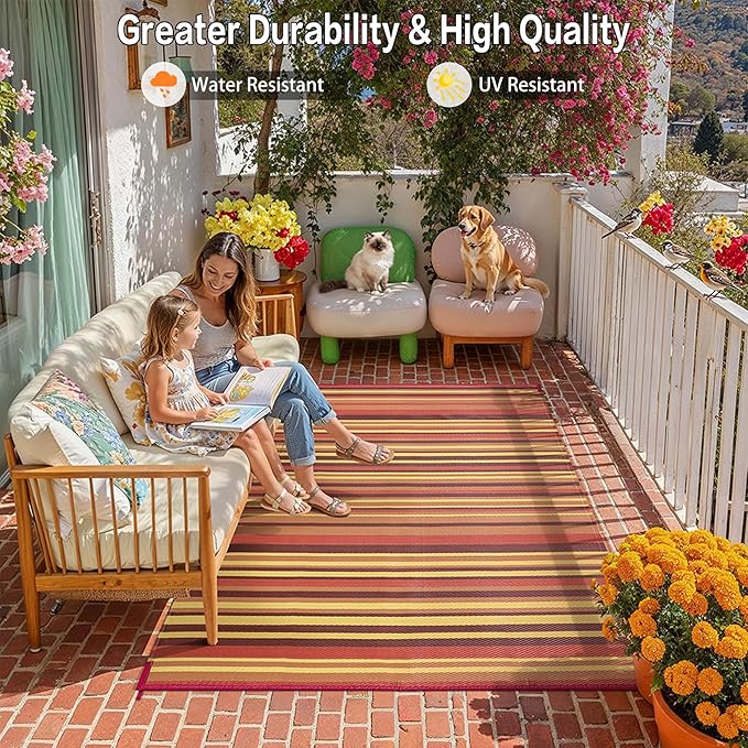 Outdoor Plastic Straw Rug Waterproof Patio 9x18 Red Orange Stripe Mat - Image 5