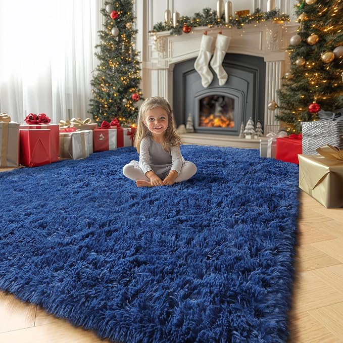 Amdrebio Navy Blue Area Rugs for Boys Bedroom, 5x7 Shag Fluffy Furry Plush Rug - Image 4