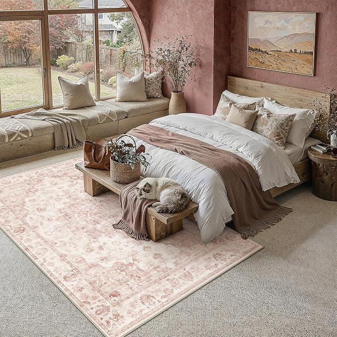 6x9 Washable Neutral Area Rug Pink Vintage Living Room Bedroom Carpet Non-Slip - Image 3