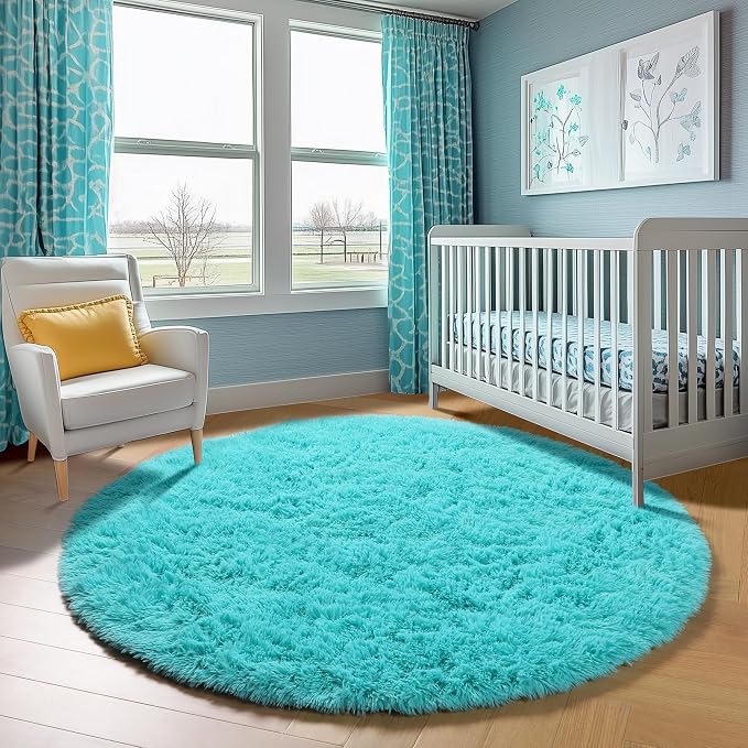 ONASAR Teal Blue Round Area Rug 4ft, Soft Fluffy Bedroom Bedside Floor Circle - Image 7