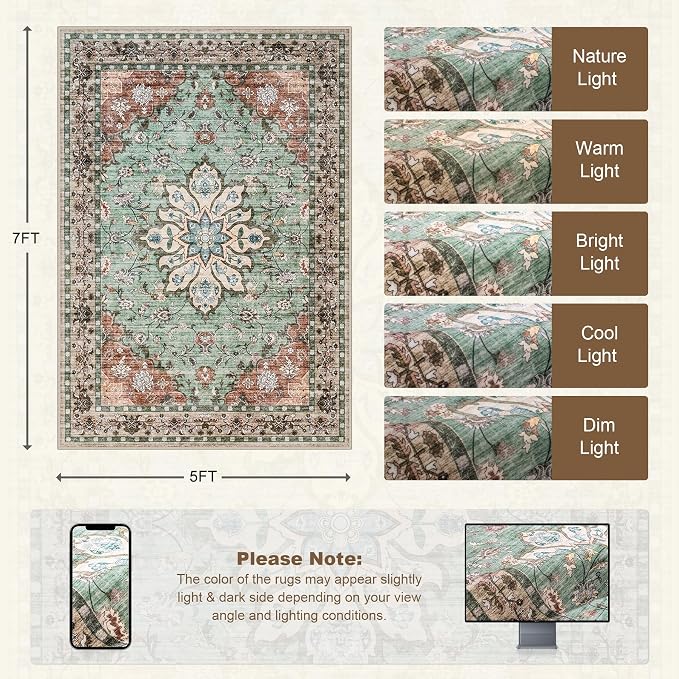 5x7 Area Rugs Living Room Rug: Washable Vintage Distressed Floral Rug No Slip - Image 2