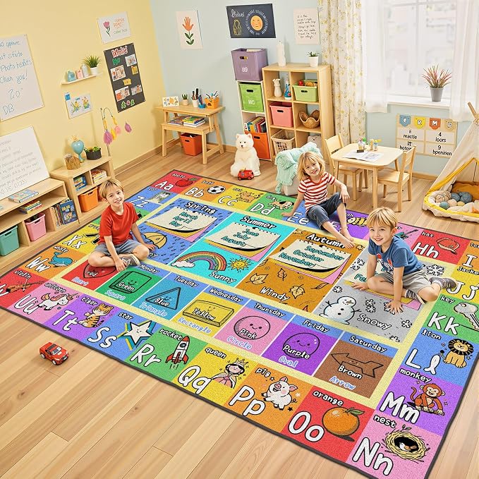 Large Classroom Rug Elementary 9x12 | Soft, Non-Slip & Washable Kids Play Mat | by Unknown