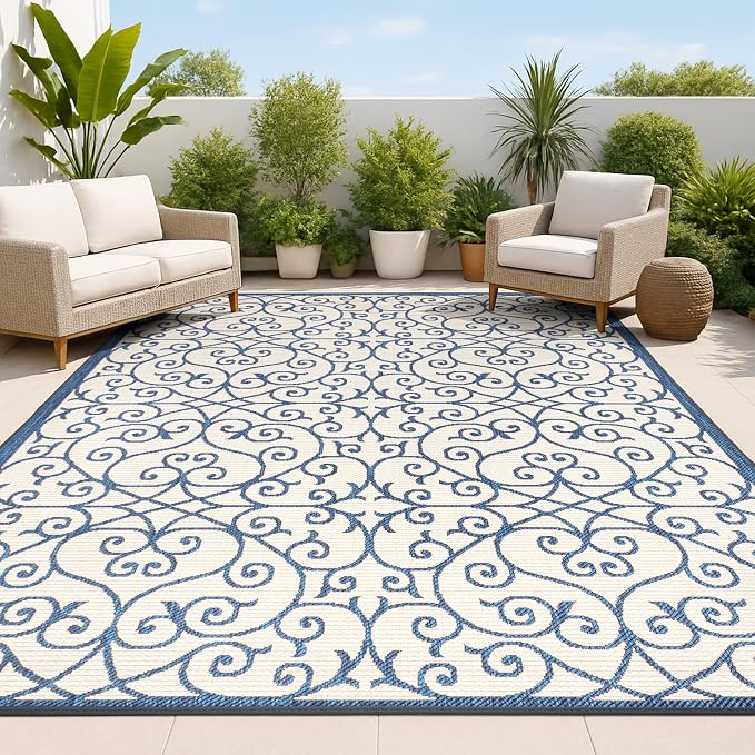 JONATHAN Y Vintage Filigree Indoor Outdoor Area Rug 3X5 Navy/Beige, Madrid by JONATHANY