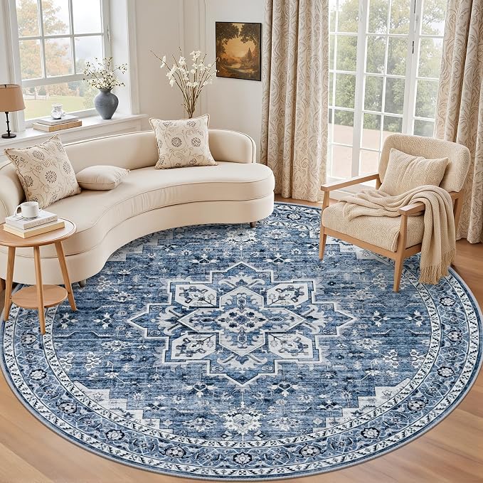 Round Area Rug for Living Room: 8 ft Washable Vintage Boho Soft Thin Circle Rug by EXPEDIX