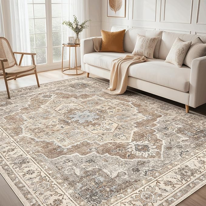 6x9 Washable Area Rug: Vintage Neutral Soft Non Slip Thin Large Floor Carpet by MICGEEK