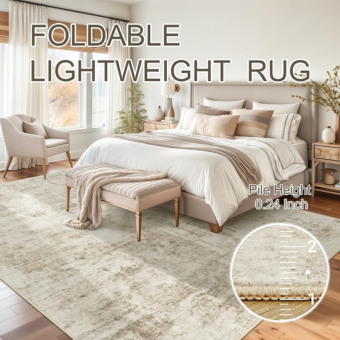 Soalmost Abstract Rug 5x7 Machine Washable Area Indoor Beige Gray White Low - Image 8