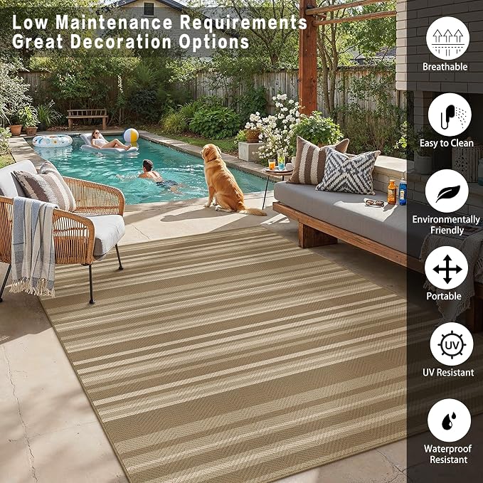 8x10 Easy Jute Stripe Area Rug Beige Brown Indoor Outdoor Rug Non Slip Neutral - Image 4