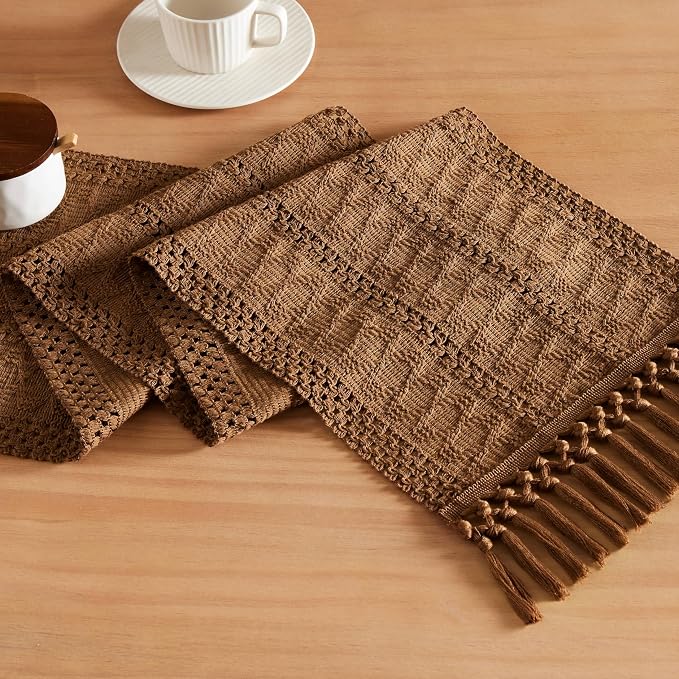 Macrame Style Boho Table Runner, 12x60 Inch Caramel | Woven Boho Table Runner by ZEEMARTONLINE