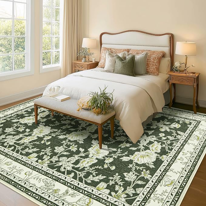 Olive Green Boho 9x12 Rug Living Room Extra Large Washable Non Slip Soft - Image 2