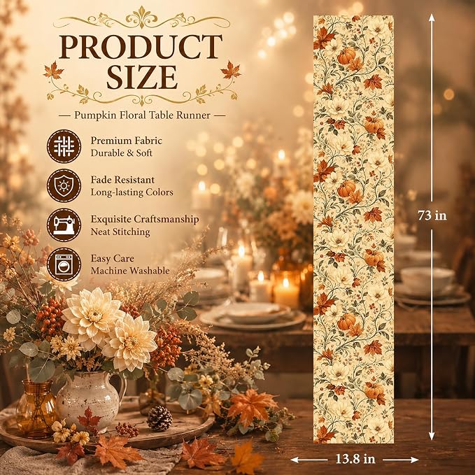 Fall Decor - Vintage Autumn Pumpkin Floral Table Runner | Fall Decorations - Image 3
