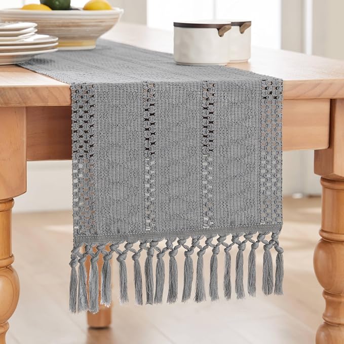 Macrame Style Boho Table Runner, 12x48 Inch Light Blue Grey | Woven Boho Table - Image 7
