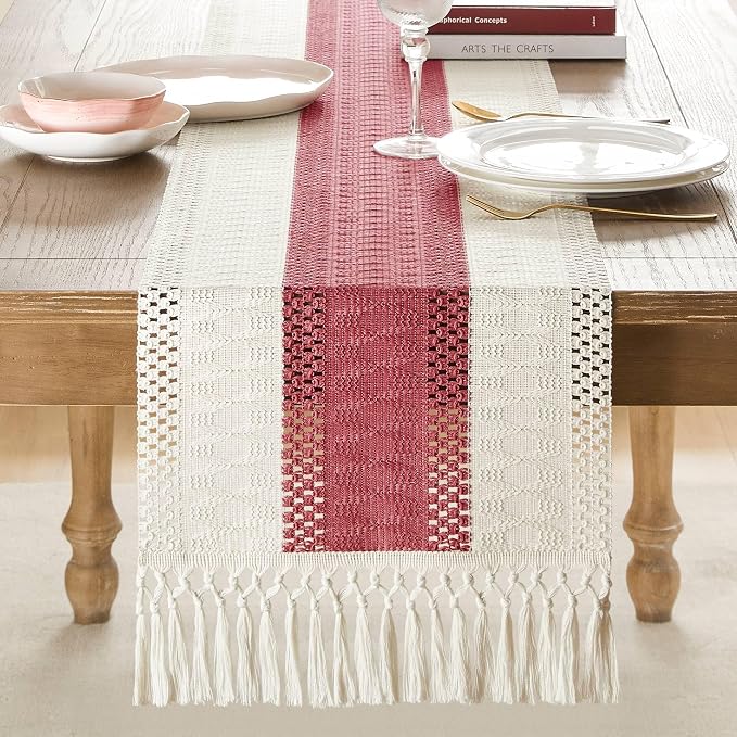 Macrame Style Bicolor Stitching Table Runner 14x72in Dusty Rose | Woven Boho - Image 2