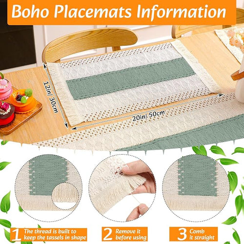 4 Sets Boho Decoration Placemats Round Woven Placemats, Cloth Napkins, Wood - Image 2