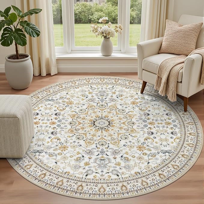 Round Area Rug for Living Room: 4 ft Washable Vintage Boho Soft Thin Circle Rug - Image 2